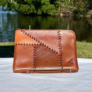 Patricia Nash Cassini Patchwork Leather Wristlet Brown Tan Statement Stitching